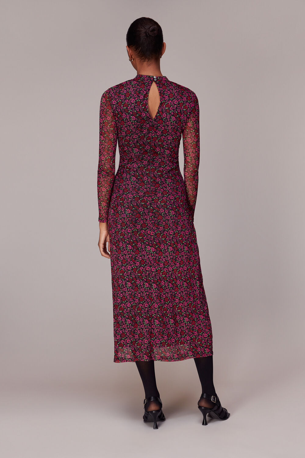 Pink Outlined Floral Tie Mesh Dress